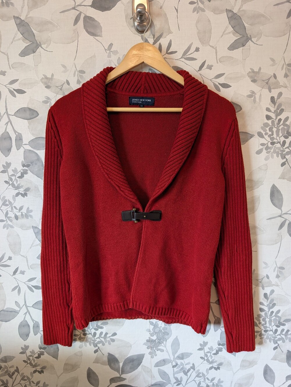 Cotton Blend Jones New York Dark Orange Shawl Collar Toggle Cardigan